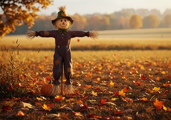 Autumn scarecrow in a field of fallen leaves