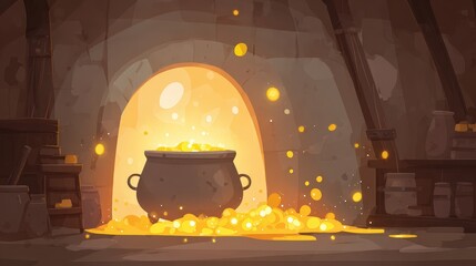 Glowing Pot of Gold Overflowing with Golden Coins in a Mysterious Treasure Chamber Surrounded by Shelves and Soft Lighting