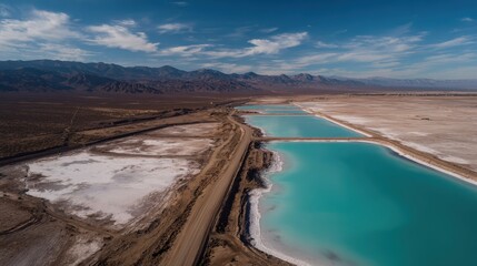 Aerial View of Evaporating Salt Flats with Turquoise Water Ponds and Mountain Landscape Under Bright Blue Sky