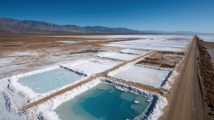 Aerial View of Salt Flats with Evaporation Ponds and Crystallized Salt in Vast Dry Landscape Under Clear Blue Sky