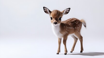 Cute baby deer standing on a clean white background – realistic fur texture, alert eyes, and delicate posture, perfect for wildlife illustration or product design