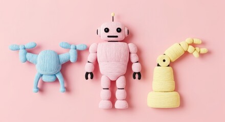 Pastel robot drone and arm on pink background flat lay view