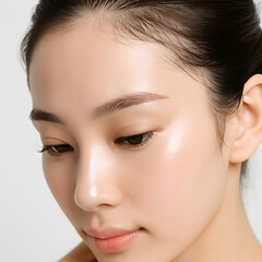 ビューティー 女性モデル ベイビーヘアとヘアラインのディテール 額の近接クローズアップ 白背景 ハイキーで清潔感のある写真