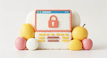 Laptop with padlock screen surrounded by fruit and rice balls