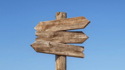 Fototapeta premium Wooden sign post isolated on blue sky with white clouds. Direction concept. Mock up, template 