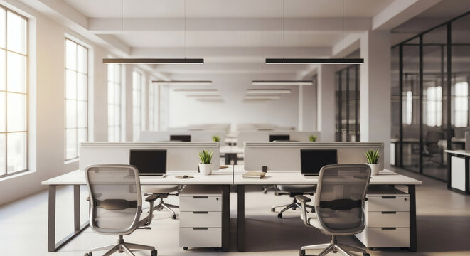 Bright, modern, and spacious open-plan office interior with empty workstations, natural light, and a professional, minimalist design.