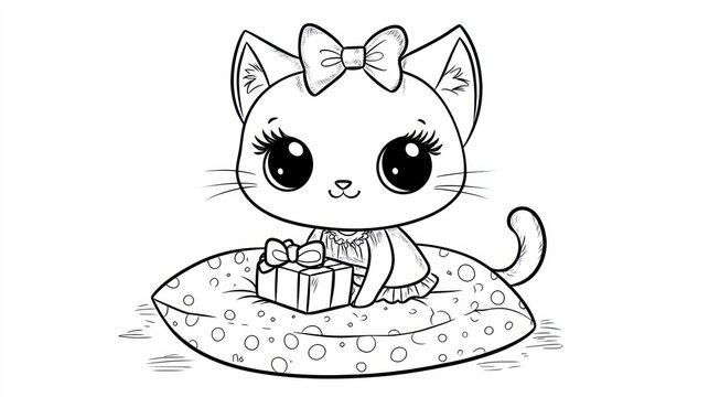Adorable cartoon cat sitting with gift on pillow black and white illustration - Powered by Adobe