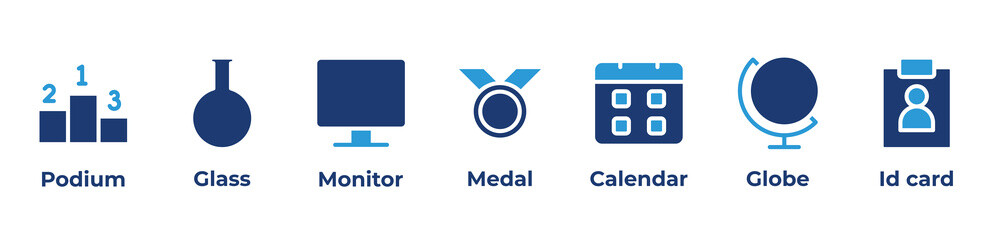 Achievements Across Time and Knowledge Icons set vector illustration with Podium, Glass, Monitor, Medal, Calendar, Globe, Id card