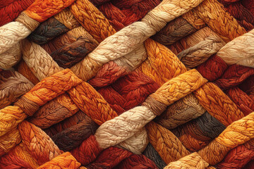 Braided fabric texture in warm orange and brown tones, showcasing a thick woven pattern. Ideal for cozy autumn designs and textile backgrounds.