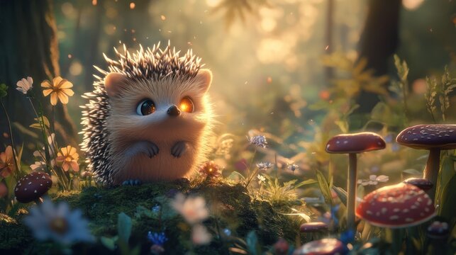 Adorable hedgehog in enchanted forest with mushrooms and flowers