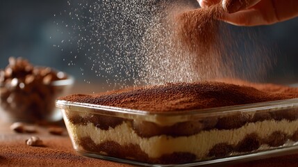 Hands dusting cocoa powder over tiramisu in glass dish, soft blur background with space for headline 