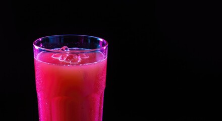 Vibrant pink drink in a glass, illuminated by a vibrant neon pink light