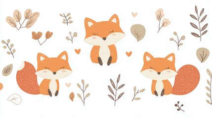 Charming illustration of three foxes amidst floral and leafy elements