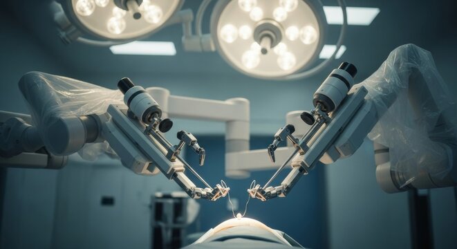 Surgical instruments in an operating room. Robotic arms are positioned above a patient on the operating table. Bright surgical lights illuminate the scene.