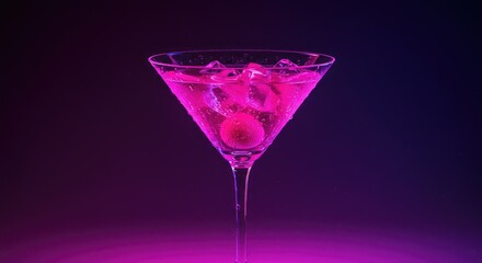 Vibrant pink martini glass with ice and a fruit