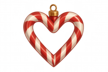 Heart shaped candy cane ornament with red and white stripes, representing love and holiday cheer, transparent background
