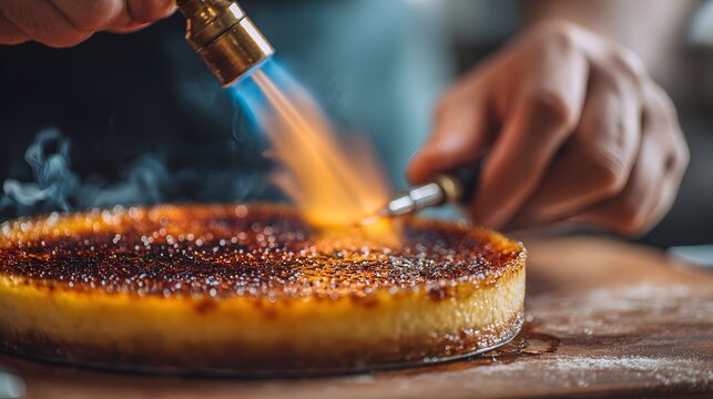 Hands of a chef using a torch to caramelize sugar on crème brûlée, shallow depth and soft copy space 