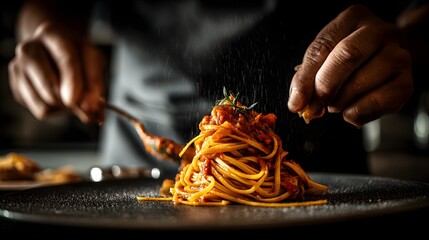 Hands of chef spreading tomato sauce on pasta with spoon, moody tones and upper copy space 