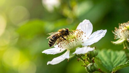 Honeybee on a white flower, blurred background