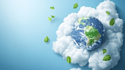 Earth floating on clouds with leaves concept of environment and ecology