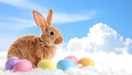 An orange rabbit sits amidst fluffy white clouds and colorful eggs against a bright blue sky