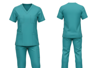 Front and back view of teal medical scrubs uniform with short-sleeve V-neck top and matching pants isolated on transparent background.