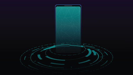 Modern futuristic mobile phone background with glowing circular tech elements and polygon mesh design, perfect for digital themes, UI mockups, and technology concepts