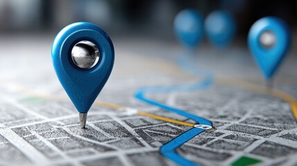 Blue 3D map markers pinpointing a route on a detailed grayscale map with blurred background
