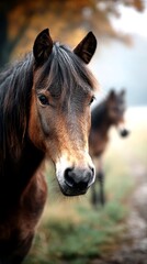 Obraz premium Horse close-up in a misty landscape with another horse blurred in the background during a serene morning