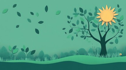 Obraz premium Cartoon illustration of a tree with the sun and falling leaves on a green background