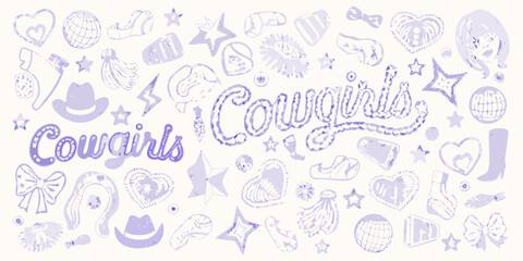 Whimsical cowgirl pattern with hand drawn elements and text