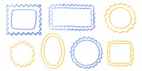 Collection of hand drawn decorative scalloped frames in blue and yellow on white background
