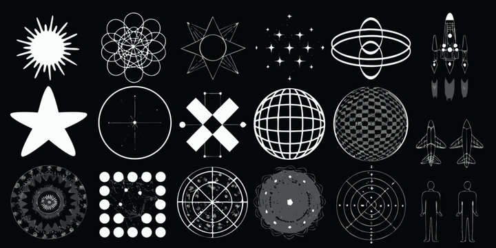 Collection of abstract geometric shapes celestial bodies and futuristic elements on a black background