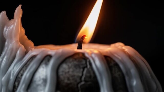 Eerie skull candle with bright flame