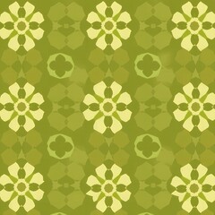 Repeating abstract floral pattern with geometric shapes in various shades of green