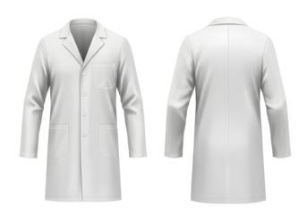 Front and back view of white medical lab coat with long sleeves, buttons, and pockets isolated on a transparent background.