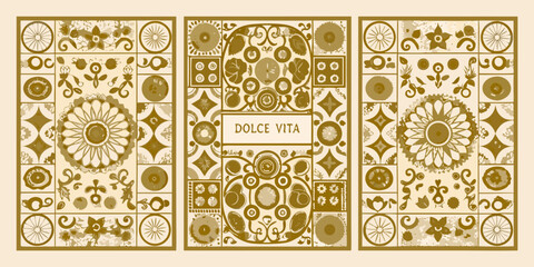 Triptych of decorative floral and geometric patterns in earth tones with dolce vita text © Milton