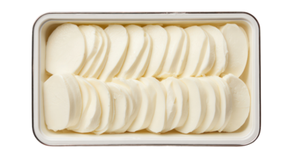 Sliced white radish in a white tray isolated on transparent background