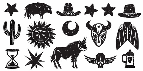 Collection of black and white western and tribal style icons with a distressed texture © Milton