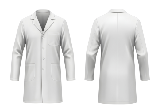 Front and back view of white medical lab coat with long sleeves, buttons, and pockets isolated on a transparent background.