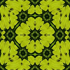 Symmetrical abstract pattern with bright yellow flower petals and green accents on a dark background