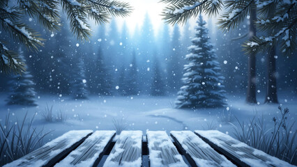 Snowy forest scene with wooden platform and falling snow