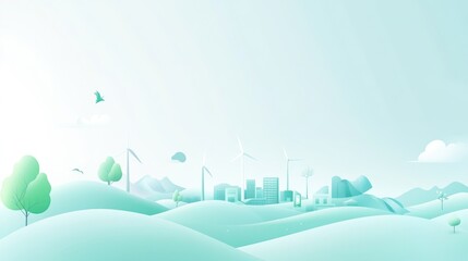 Stylized illustration of a sustainable city in a scenic environment with clean energy