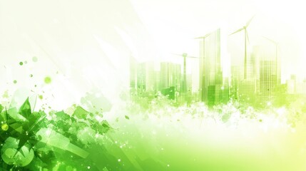 Abstract green cityscape with buildings leaves and watercolor effects