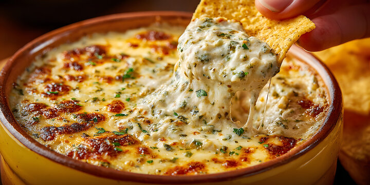 Dip and Delight: A close-up shot showcasing a savory dip being scooped up with a crispy chip. Perfect for evoking taste