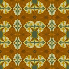 Abstract symmetrical pattern with golden brown green and yellow organic shapes creating a kaleidoscopic effect