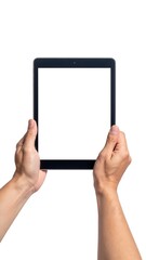 Hands holding a black tablet with a blank screen