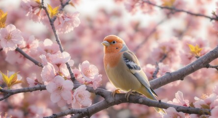 Fototapeta premium Bird perched among delicate pink blossoms in soft, warm, springtime light