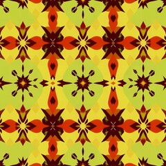 Geometric pattern featuring starburst and floral motifs in warm yellow green and red tones