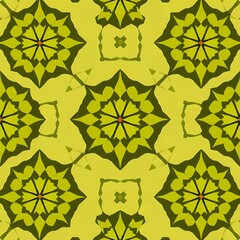 Repeating geometric pattern with starburst floral motifs in shades of yellow and dark green